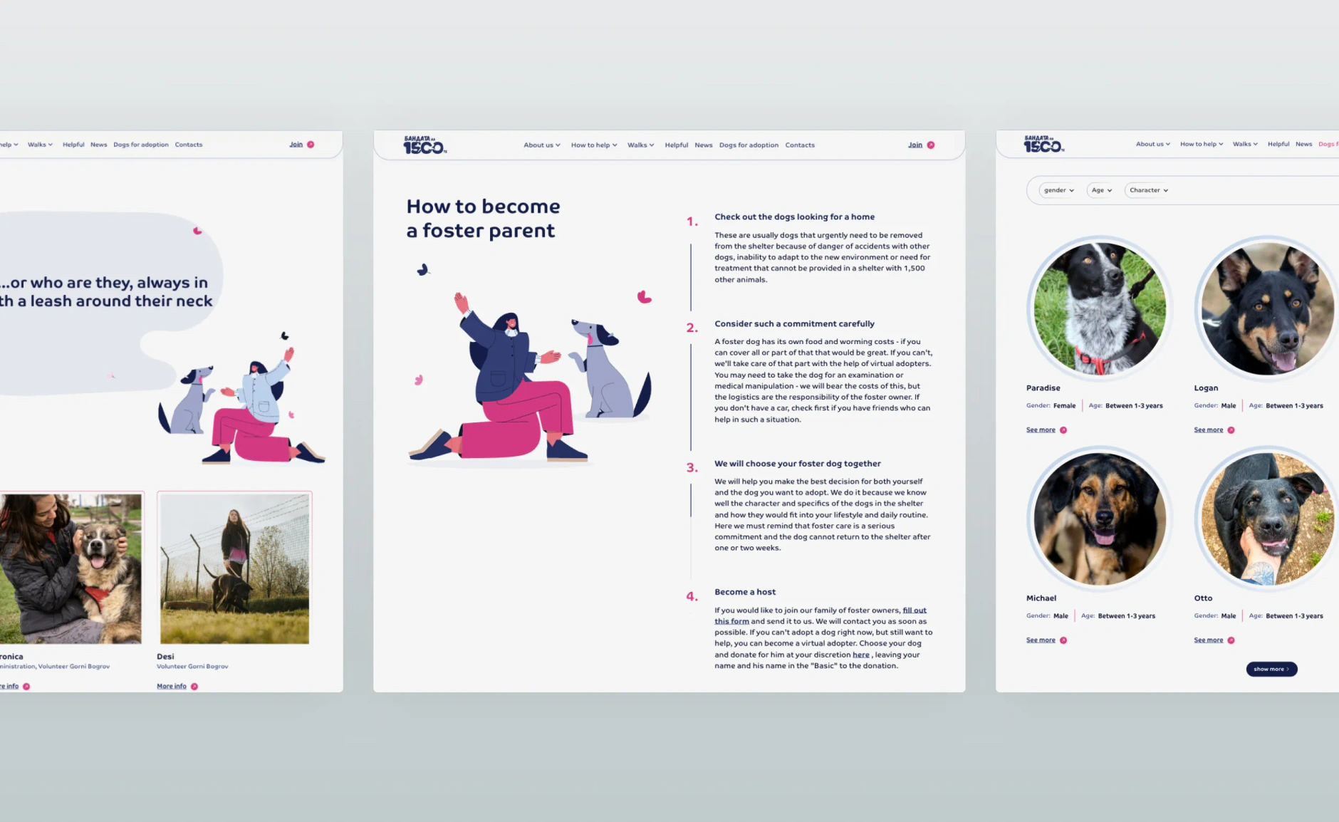 Three 1500 Dog Gang page designs: volunteer profiles, a how to foster guide and the dogs for adoption grid