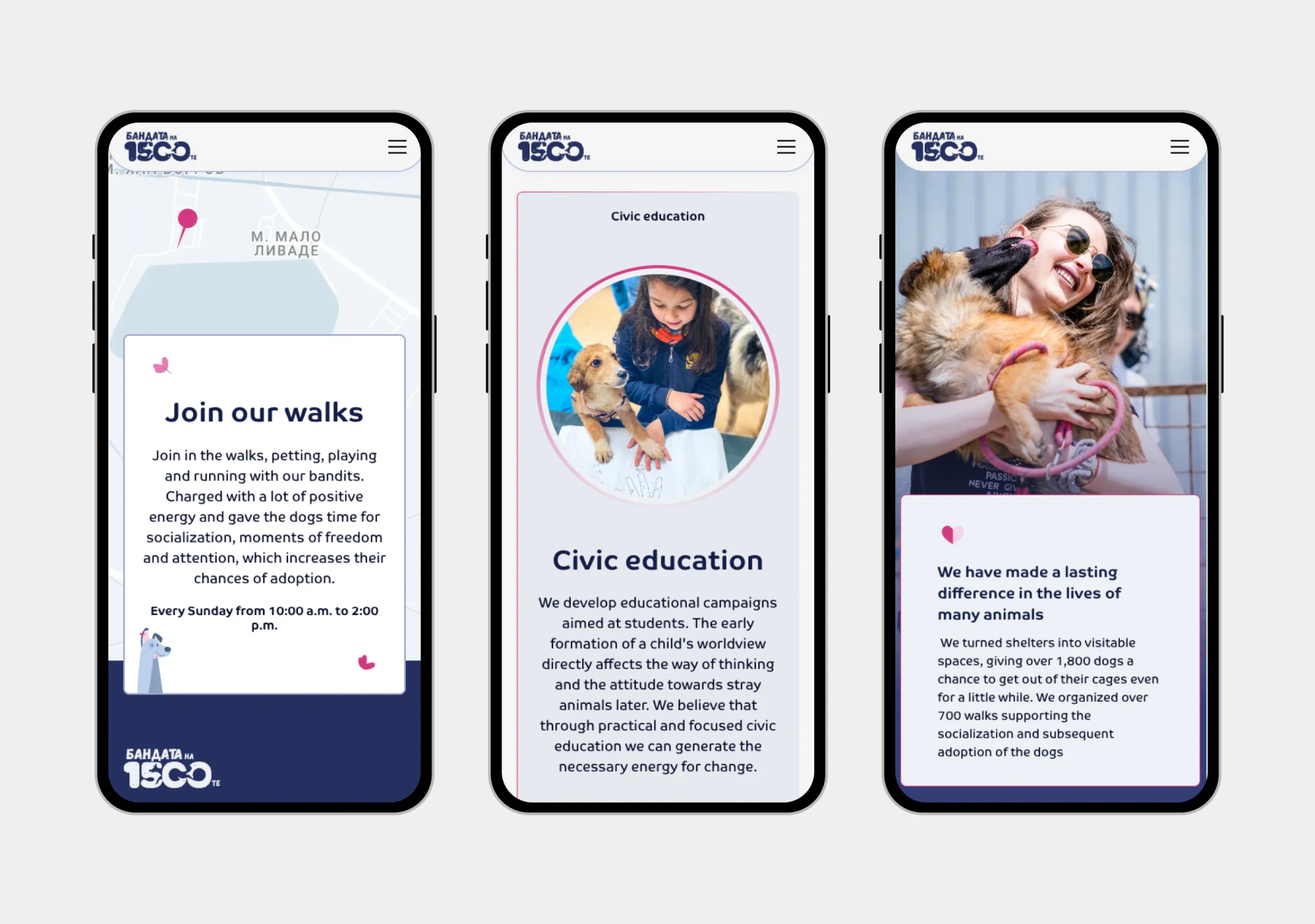 Three 1500 Dog Gang mobile screens showing the walks map, a civic education page and an impact section