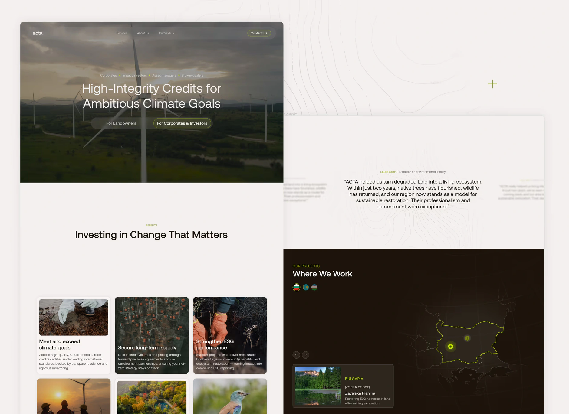 Acta website showing the 'High-Integrity Credits for Ambitious Climate Goals' section, with options for different target audiences like landowners, corporates, investors, and brokers. The page features a 'Investing in Change That Matters' section, emphasiz