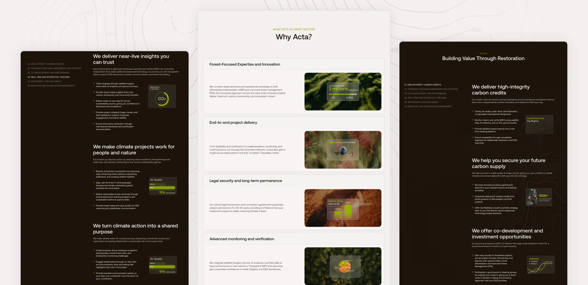 Acta website showcasing their services with sections explaining their approach to high-integrity carbon credits, climate project delivery, and co-development opportunities. The left side of the image highlights key benefits such as real-time tracking and c