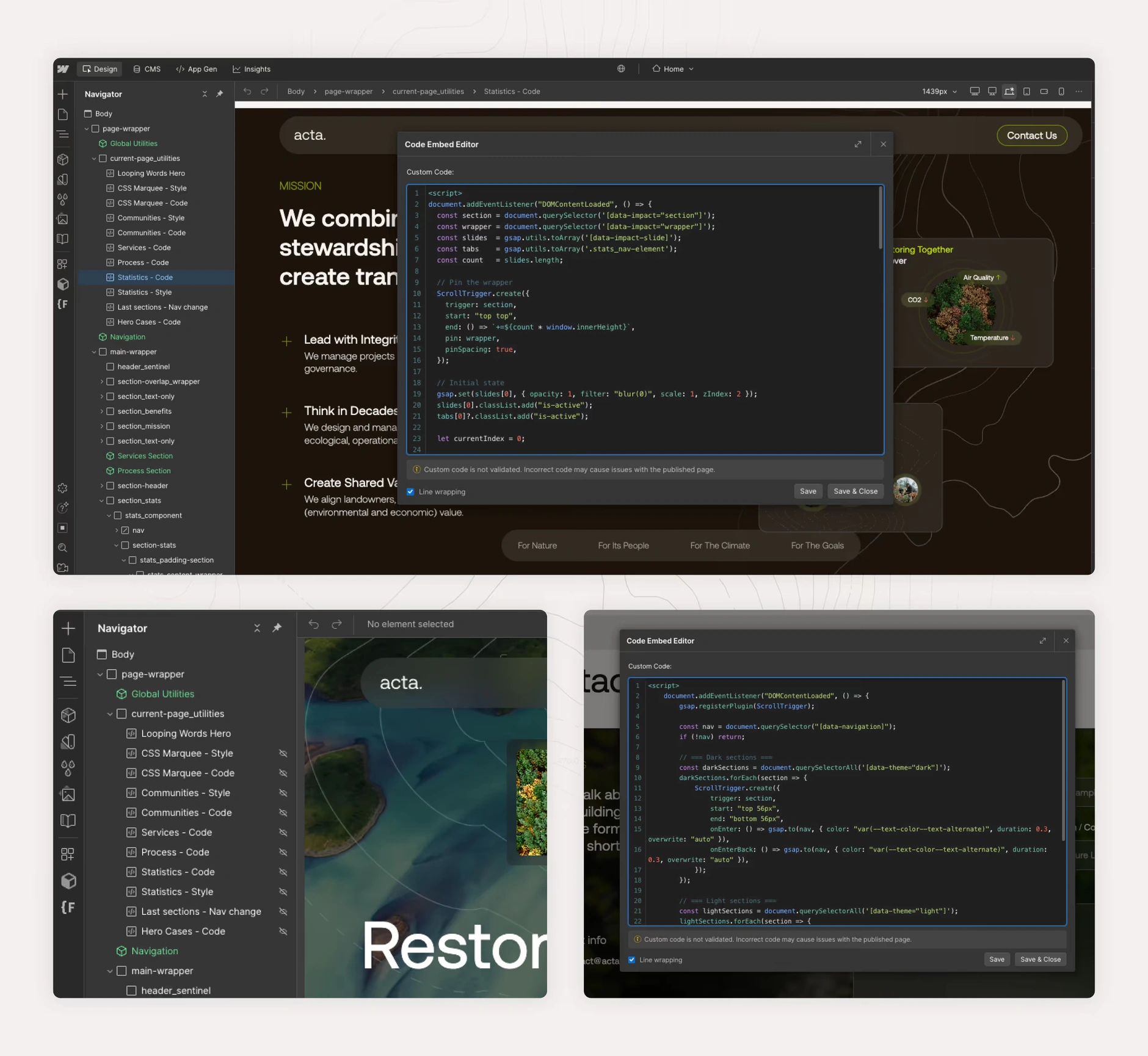 Webflow interface displaying custom code for Acta’s website. The image shows the Navigator panel with various sections like 'Hero Cases' and 'Communities' highlighted. The Code Embed Editor is open, with custom JavaScript code for page interactions like se