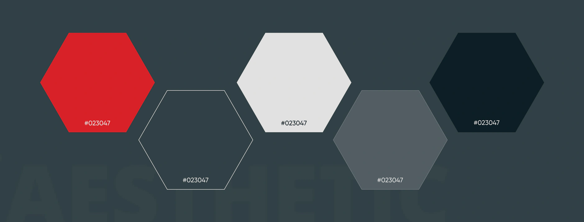 Aesthetic by Science colour palette shown as hexagonal swatches in red, white, grey and near-black on dark slate