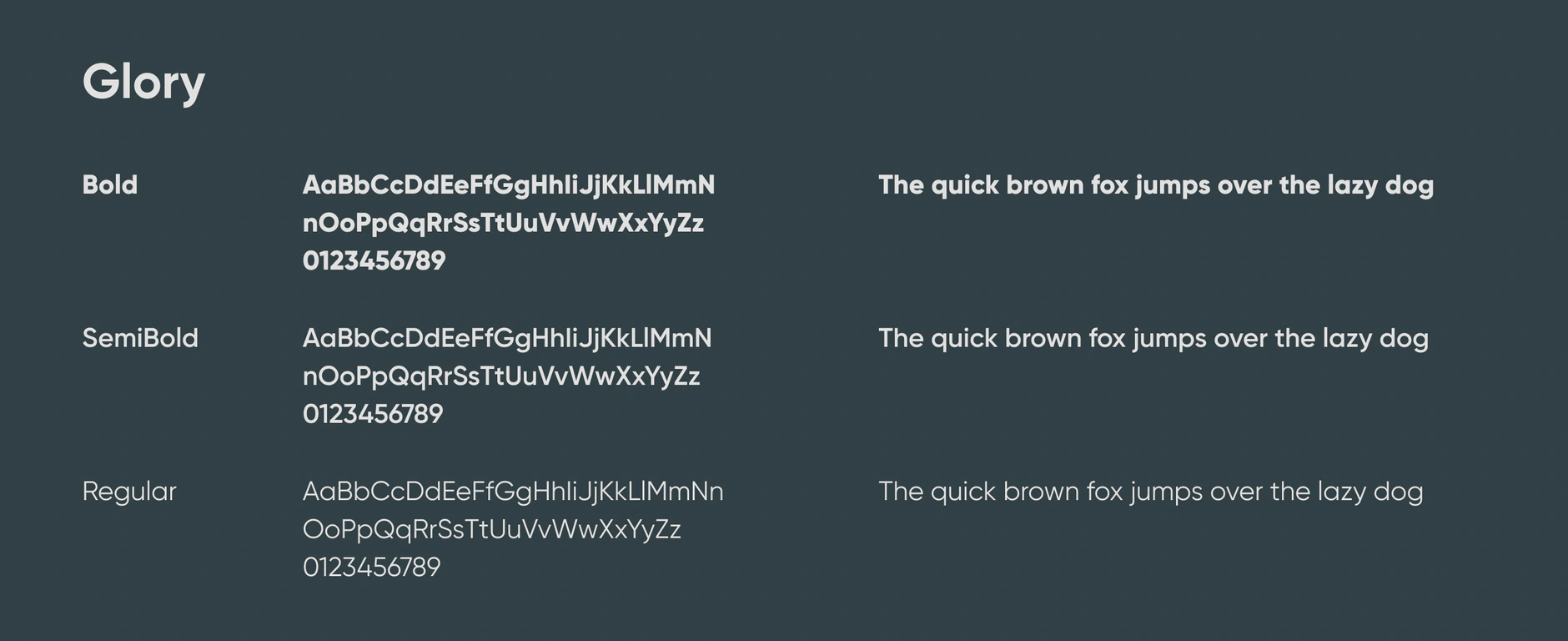 Aesthetic by Science typography sheet for the Glory typeface in Bold, SemiBold and Regular on a dark slate panel