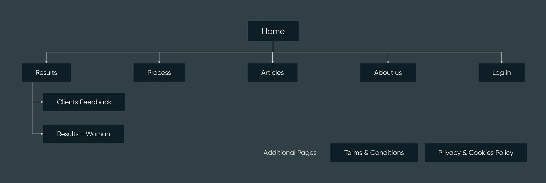 Aesthetic by Science sitemap with Home branching into Results, Process, Articles, About us and a client log-in