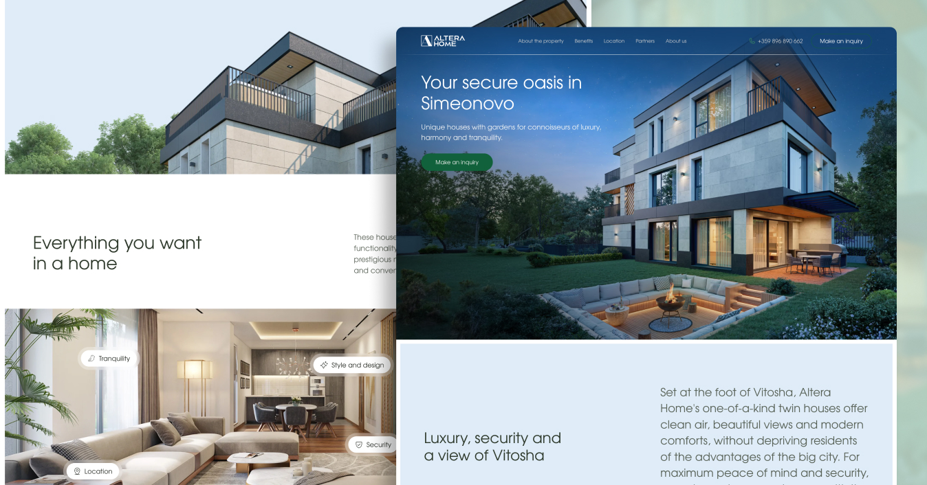 Altera Simeonovo landing page: the twin house exterior hero beside the Everything you want in a home and Luxury, security and a view of Vitosha sections