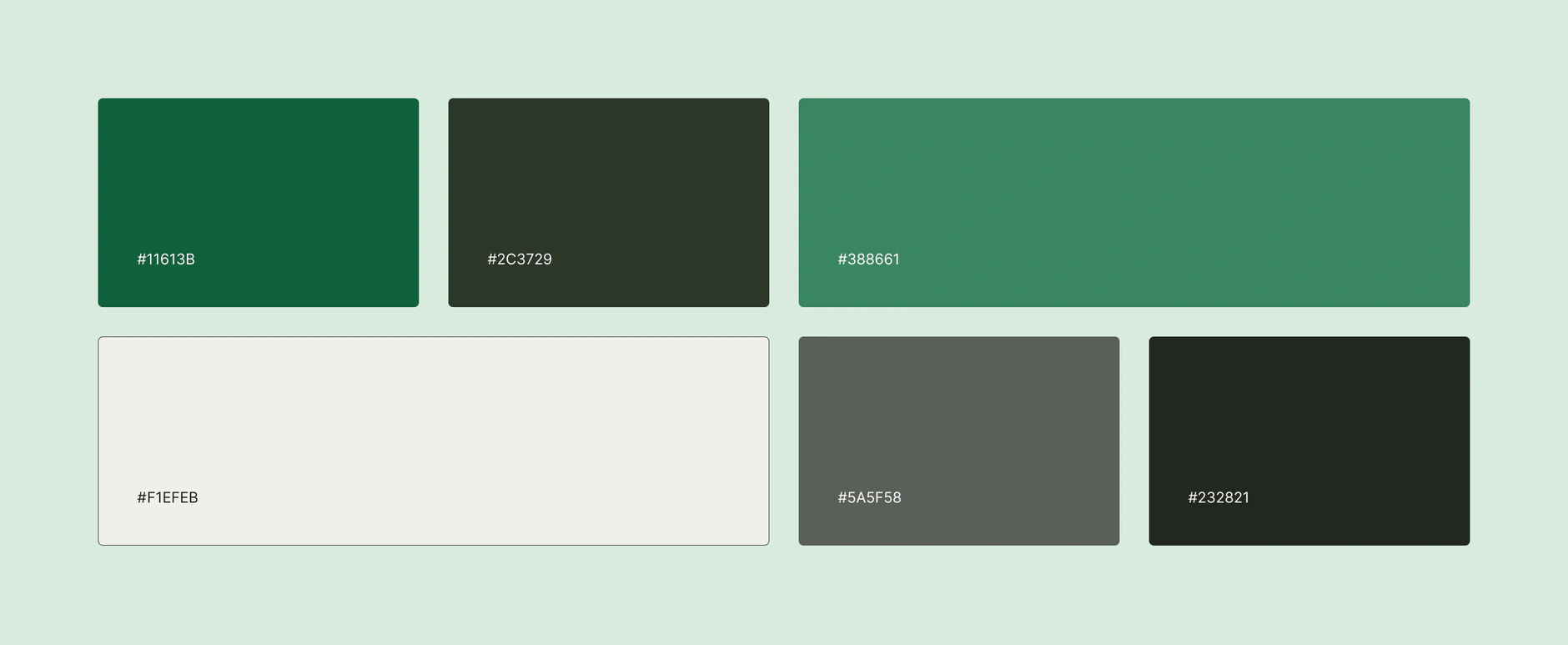 Altera Simeonovo colour palette of six swatches in forest green, dark olive, grey and off-white with hex values