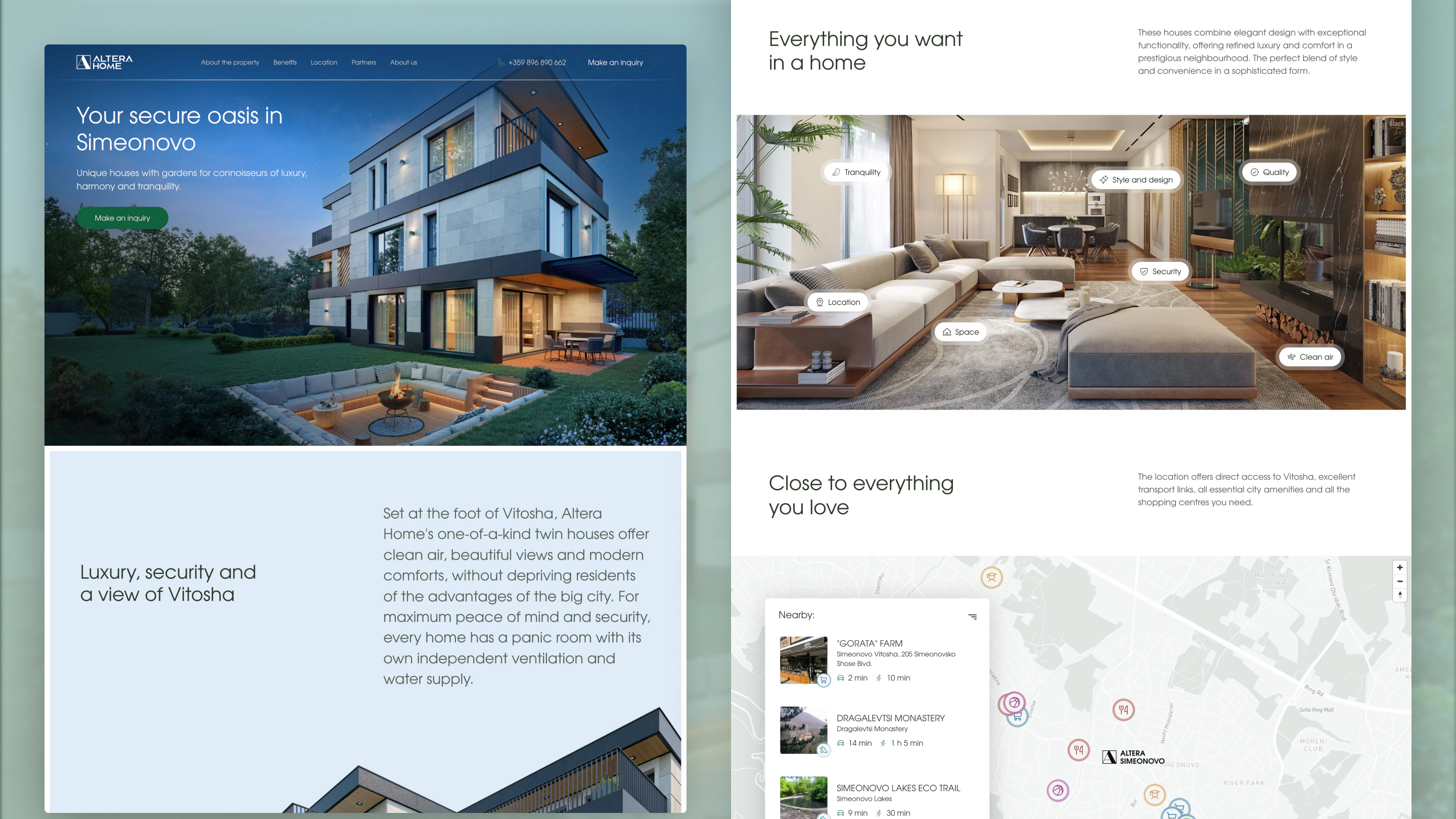 Altera Simeonovo landing page on Webflow: the Your secure oasis in Simeonovo hero with the twin house exterior, beside the interior, location map and Luxury, security and a view of Vitosha sections