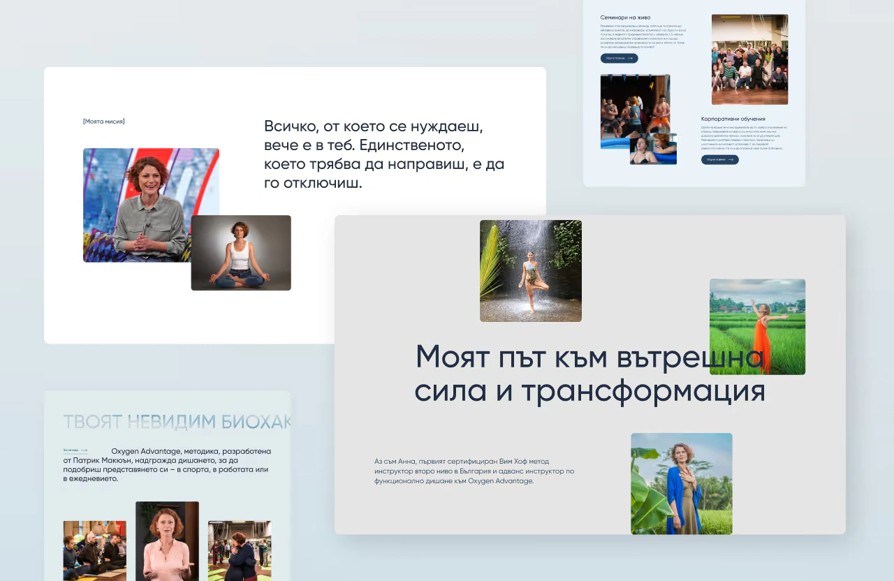 Visualization of services and offerings for corporate training, featuring images from Anna Grozdanova's website showcasing seminars and corporate training on the Wim Hof methods.