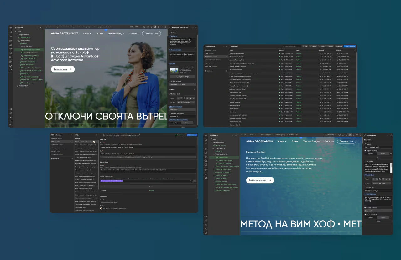 Screenshot showing Anna Grozdanova's website in the Webflow editor, with the header section being edited. The image also displays the CMS panel with various content entries and properties, as well as the site's design preview with 'Unlock Your Inner Power'