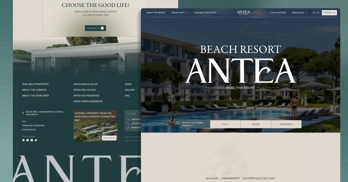 Antea Beach Resort homepage with the Beach Resort Antea hero, in front of the Antea Beach Villa page with villa plans, on a sea-green backdrop