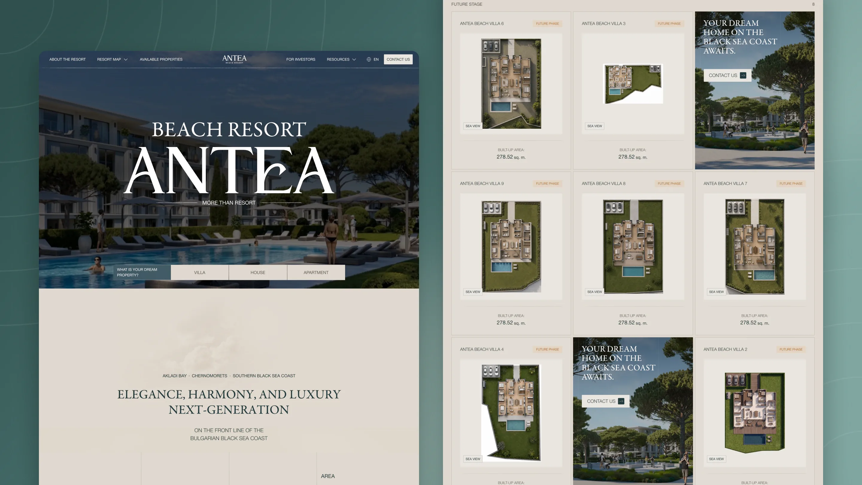 The Antea Beach Resort homepage, Beach Resort Antea, More than resort, over the pool and residences, beside the Antea Beach Villa page with villa floor plans