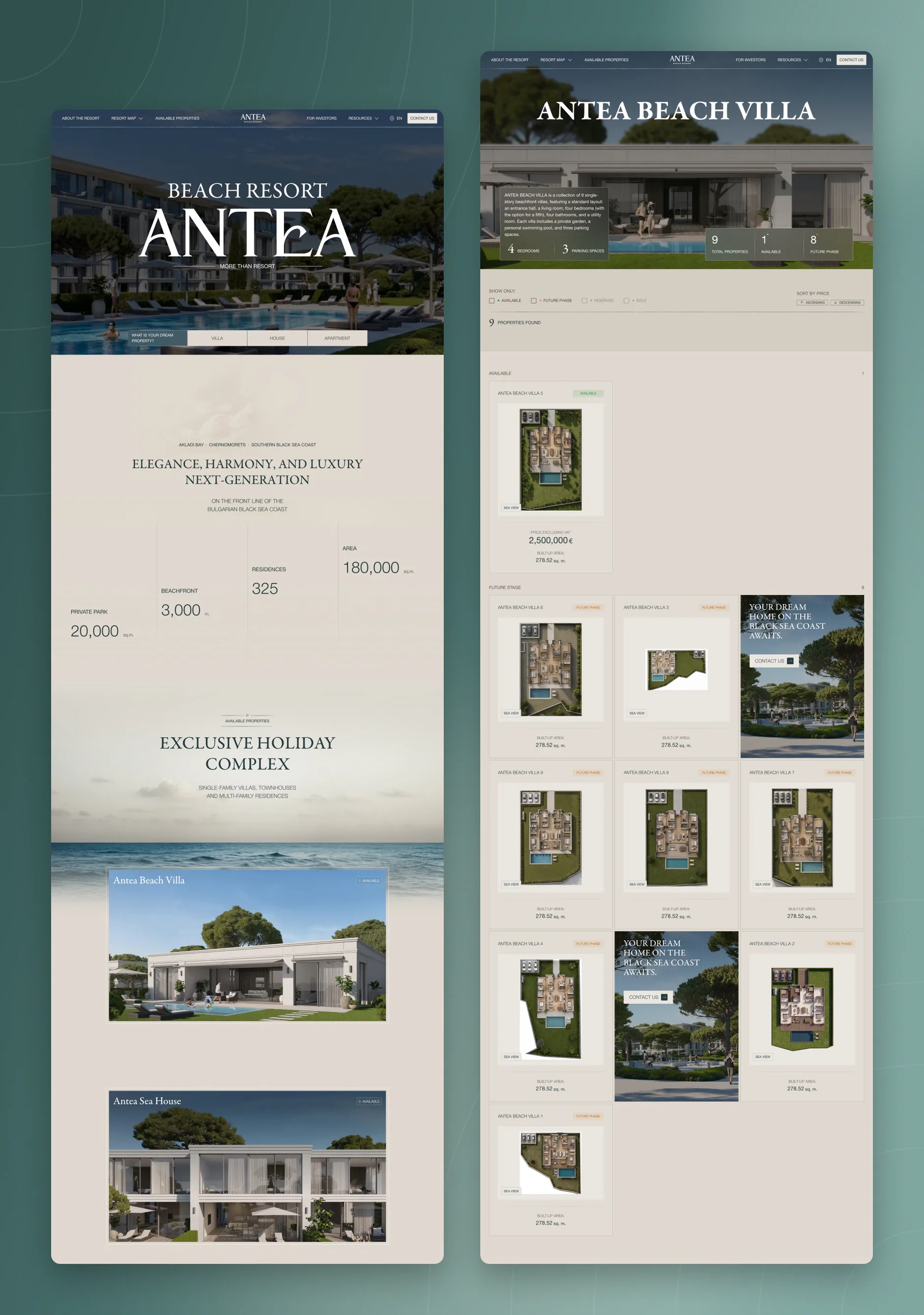Antea Beach Resort website: homepage and property type pages