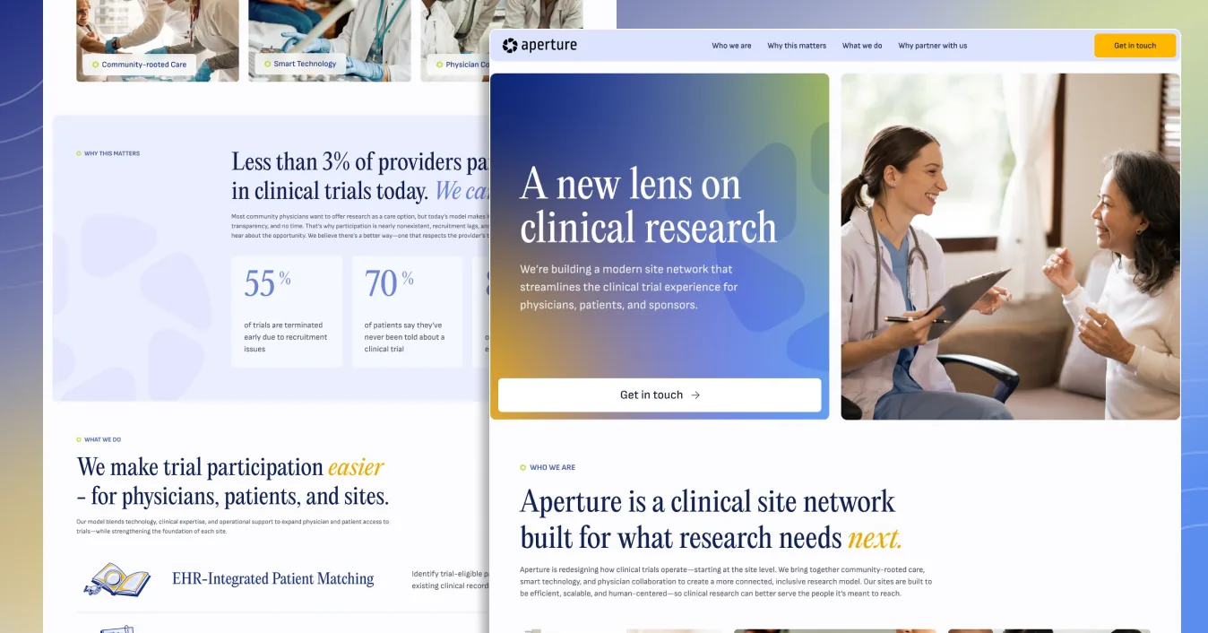 Aperture landing page with the A new lens on clinical research hero and Who we are section, layered over the What we do and Why partner with us sections on a blue-to-gold backdrop