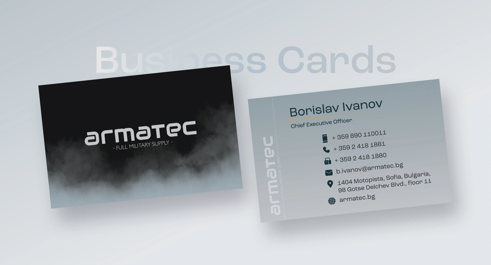 Armatec business cards, a black smoke-effect front with the logo and a grey back carrying the CEO contact details
