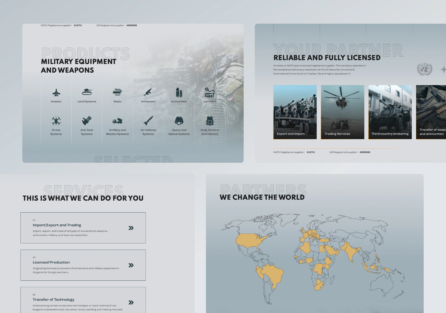 Four Armatec page sections in desktop design: product icon grid, licensing block, services list and partner world map