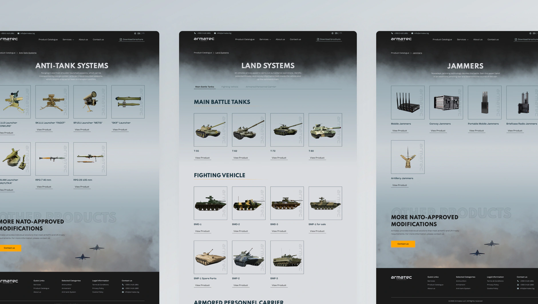 Three Armatec product category page designs for anti-tank systems, land systems and jammers with product card grids