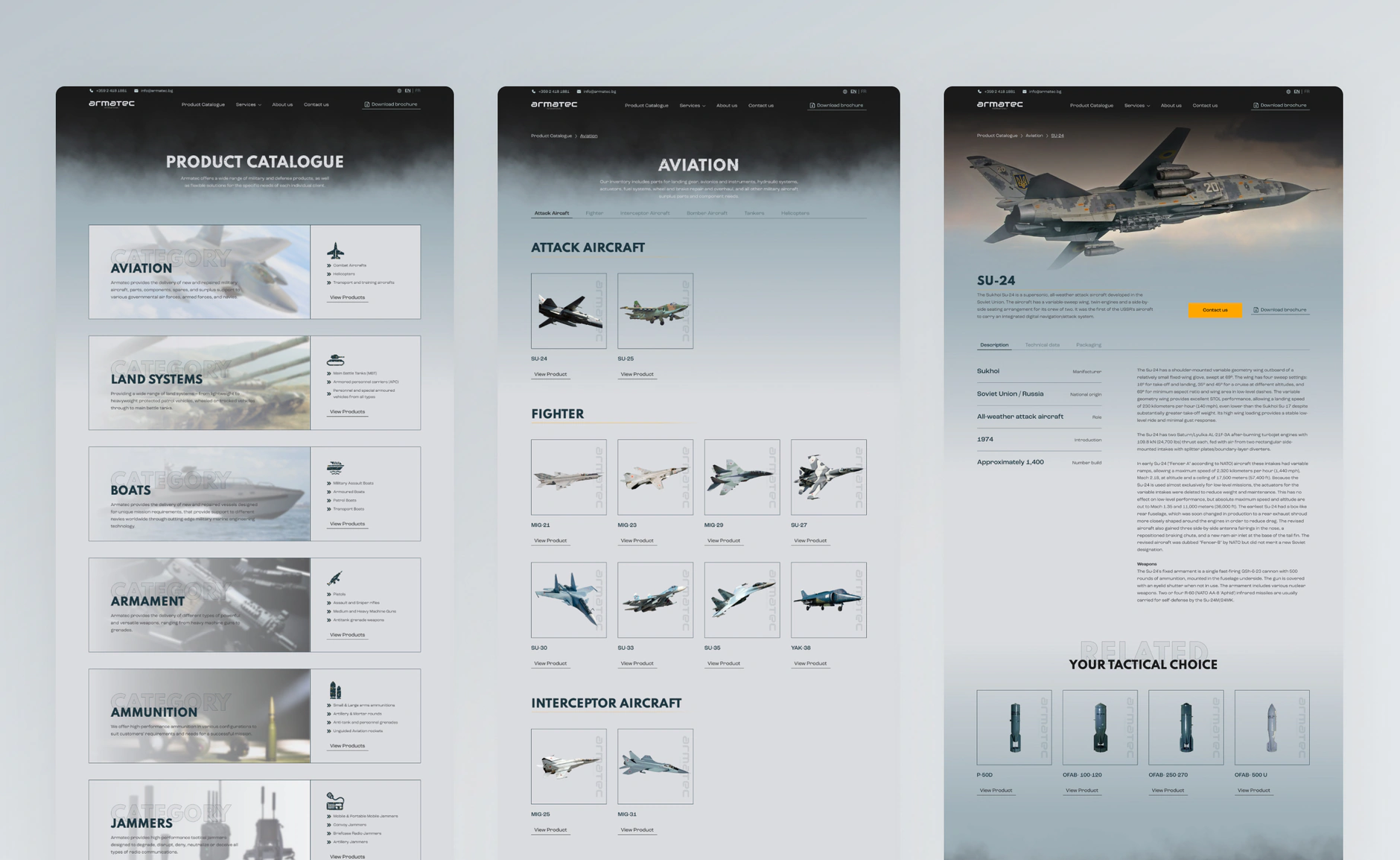 Armatec product catalogue, aviation category and SU-24 product detail pages shown as three desktop designs
