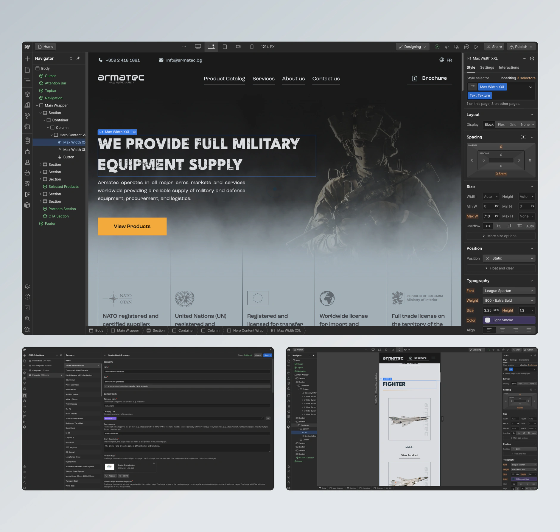 Armatec homepage open in the Webflow Designer with the Navigator and Style panels, plus CMS collection editing views