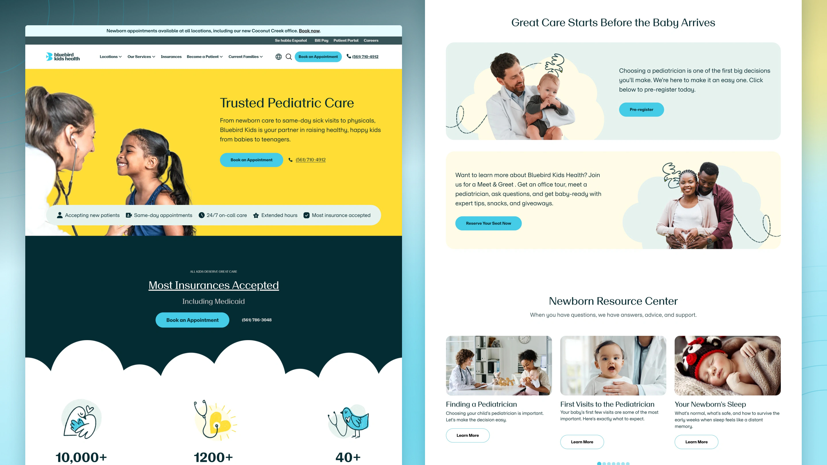 Bluebird Kids Health homepage with the Trusted Pediatric Care hero and the insurance section, beside the newborn pages: pre-registration, meet and greets and the Newborn Resource Center