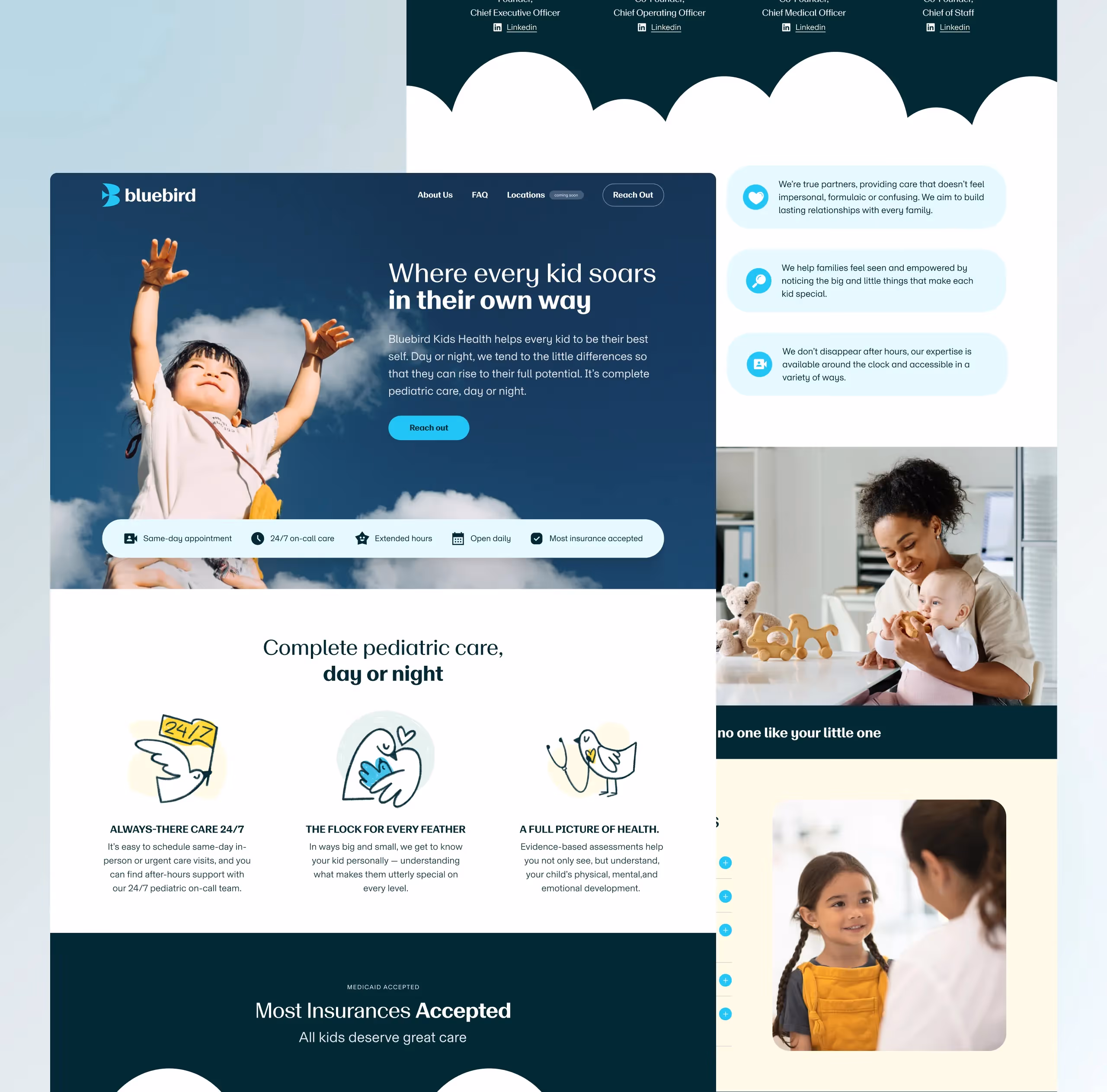 Bluebird Kids Health homepage design with the sky hero, three illustrated bird icons for its care promises, the insurance section and clinician photography