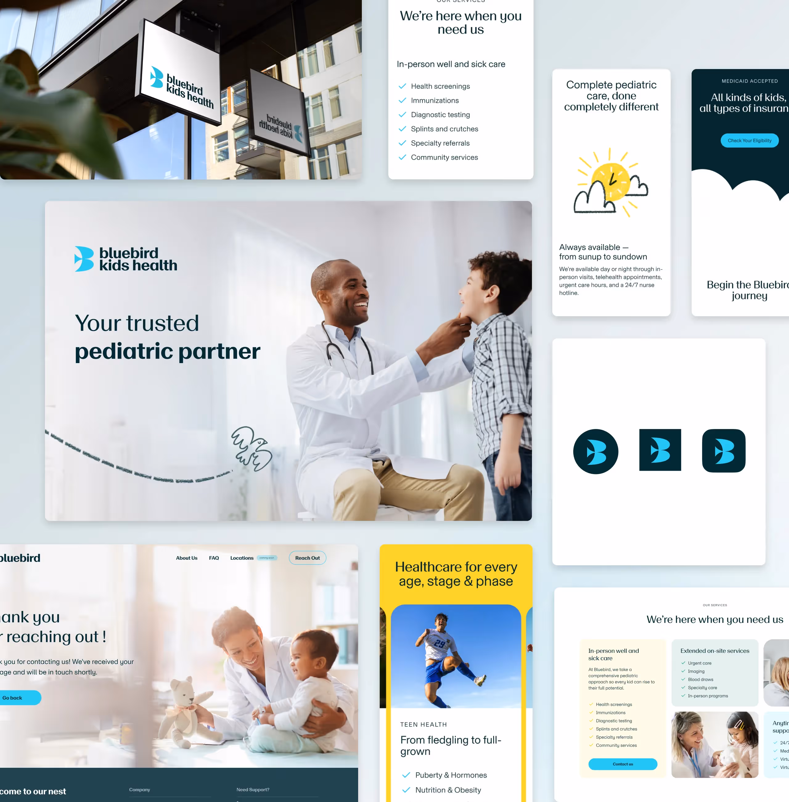 Bluebird Kids Health brand applications: exterior clinic signage, service listings, the trusted pediatric partner key visual, logo mark variants and teen health pages