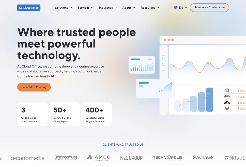 The new Cloud Office homepage hero with the headline Where trusted people meet powerful technology, three stat cards and a client logo strip