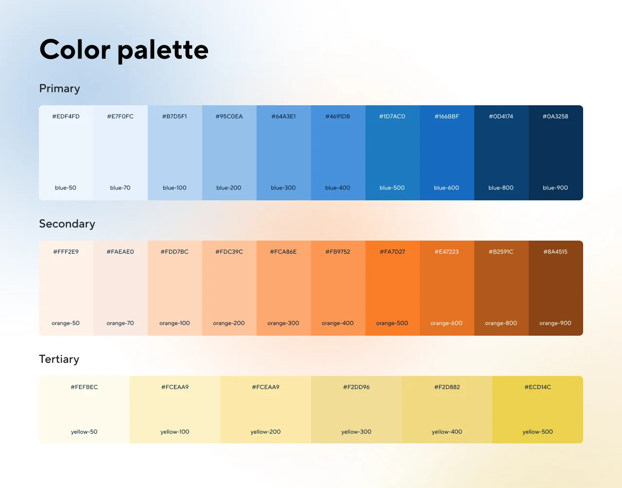 Cloud Office colour palette with ten primary blue shades, ten secondary orange shades and six tertiary yellow shades, each labelled with its hex code
