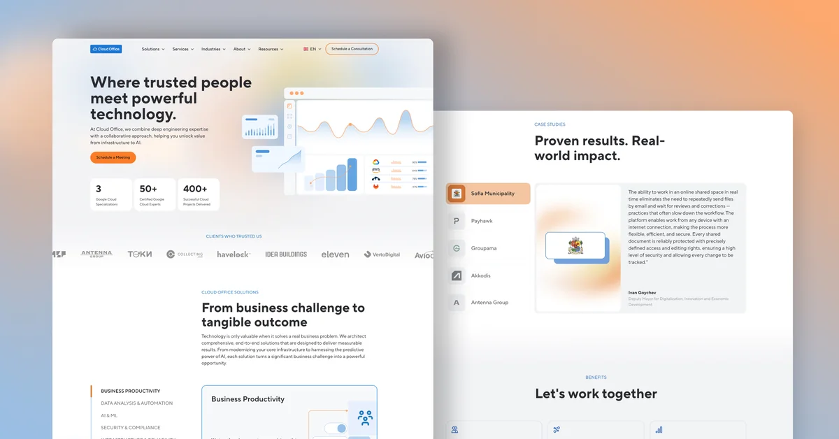 Cloud Office homepage design: the Where trusted people meet powerful technology hero beside the Proven results case studies section