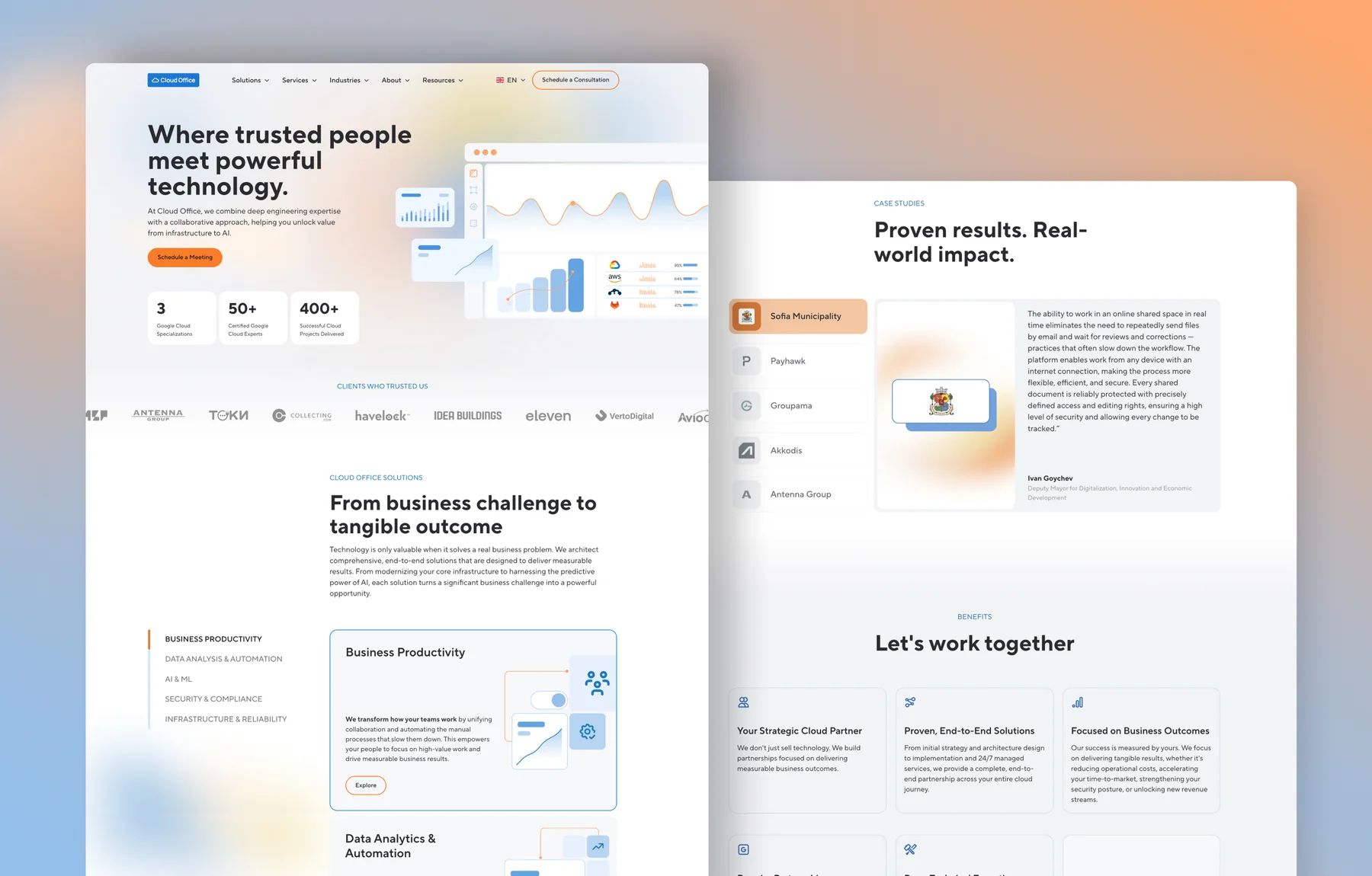 Cloud Office homepage design with the hero, client logos, a tabbed solutions list from Business Productivity, a Sofia Municipality case study quote and benefit cards