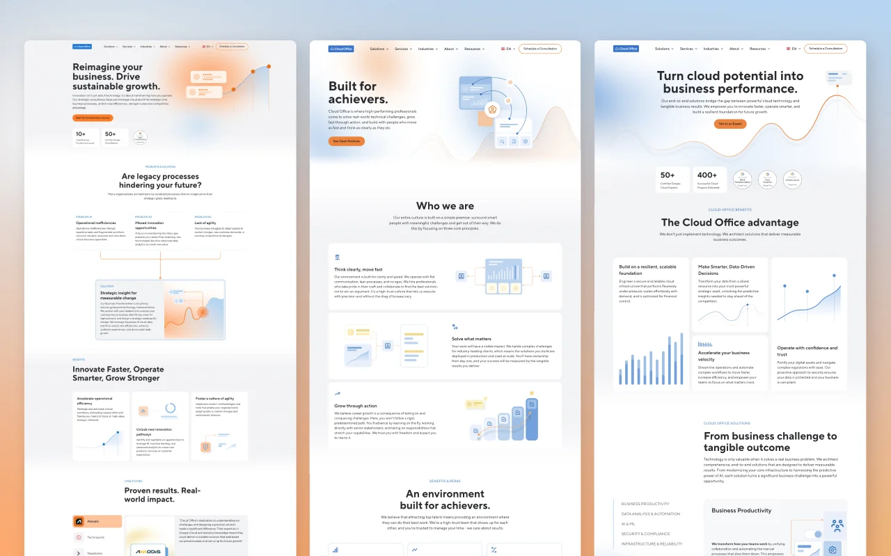 Three Cloud Office page designs: a consultancy page headed Reimagine your business, the careers page Built for achievers, and a solutions page