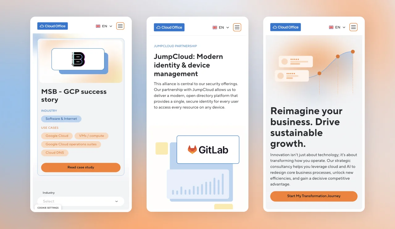 Three Cloud Office mobile screens: the MSB GCP success story with industry and use case tags, the JumpCloud partnership page and a consultancy hero
