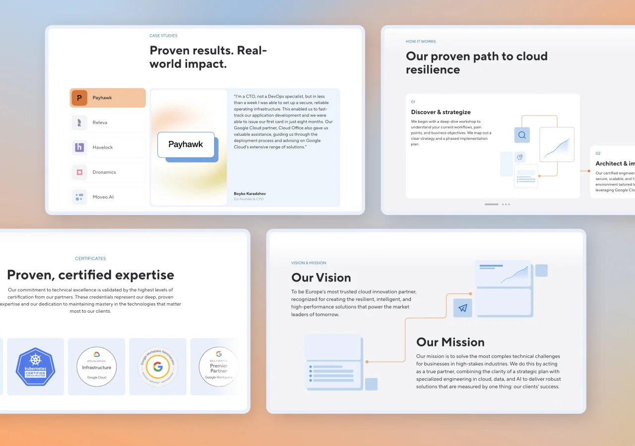 Cloud Office sections for case study tabs with a Payhawk quote, the How it works steps, certified expertise badges from Kubernetes and Google, and Our Vision
