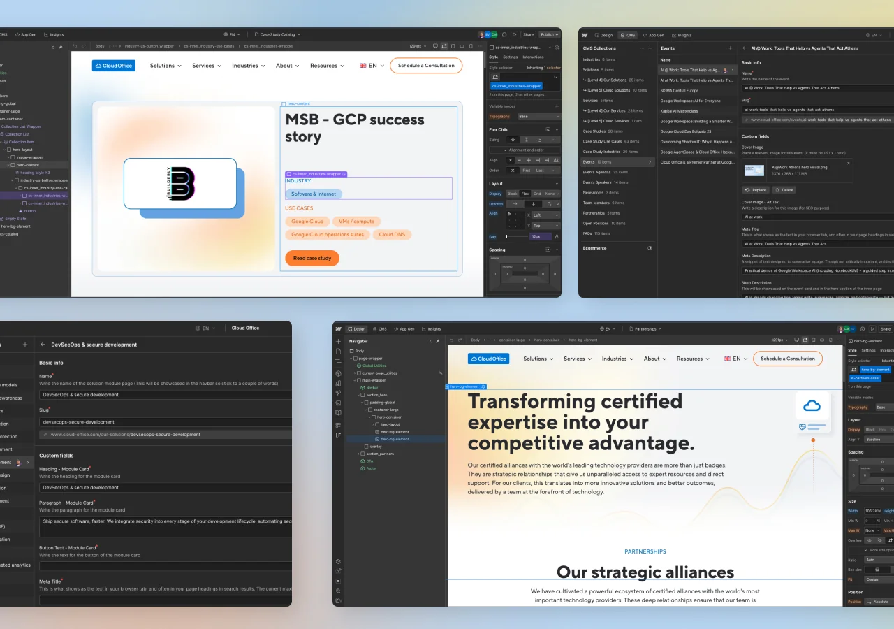 Four Cloud Office views in Webflow: the MSB success story in the Designer, the Events CMS collection, a solution module's CMS fields and the partnerships hero