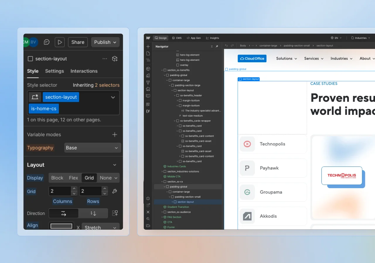 The Cloud Office homepage case studies section in the Webflow Designer, with the Navigator tree and the Style panel set to a two-column grid