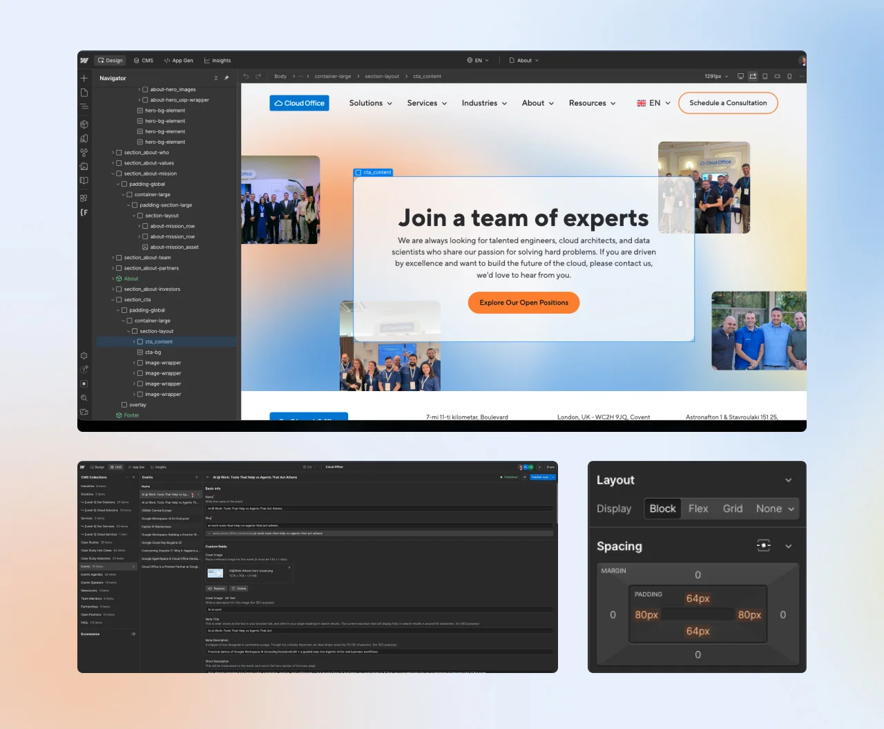 The Cloud Office About page Join a team of experts section in the Webflow Designer, with the Events collection open in the CMS editor below
