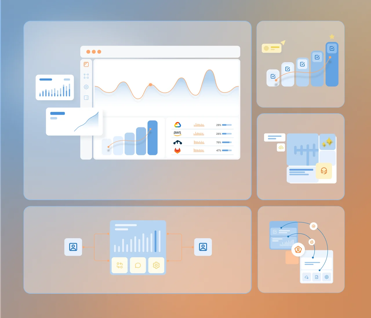 Cloud Office illustration system: a dashboard with charts and cloud provider logos, a progress chart, a data platform diagram and a two-user workflow