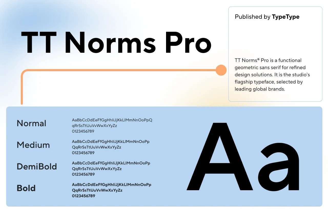 Cloud Office typography sheet showing TT Norms Pro in Normal, Medium, DemiBold and Bold weights on a light blue panel