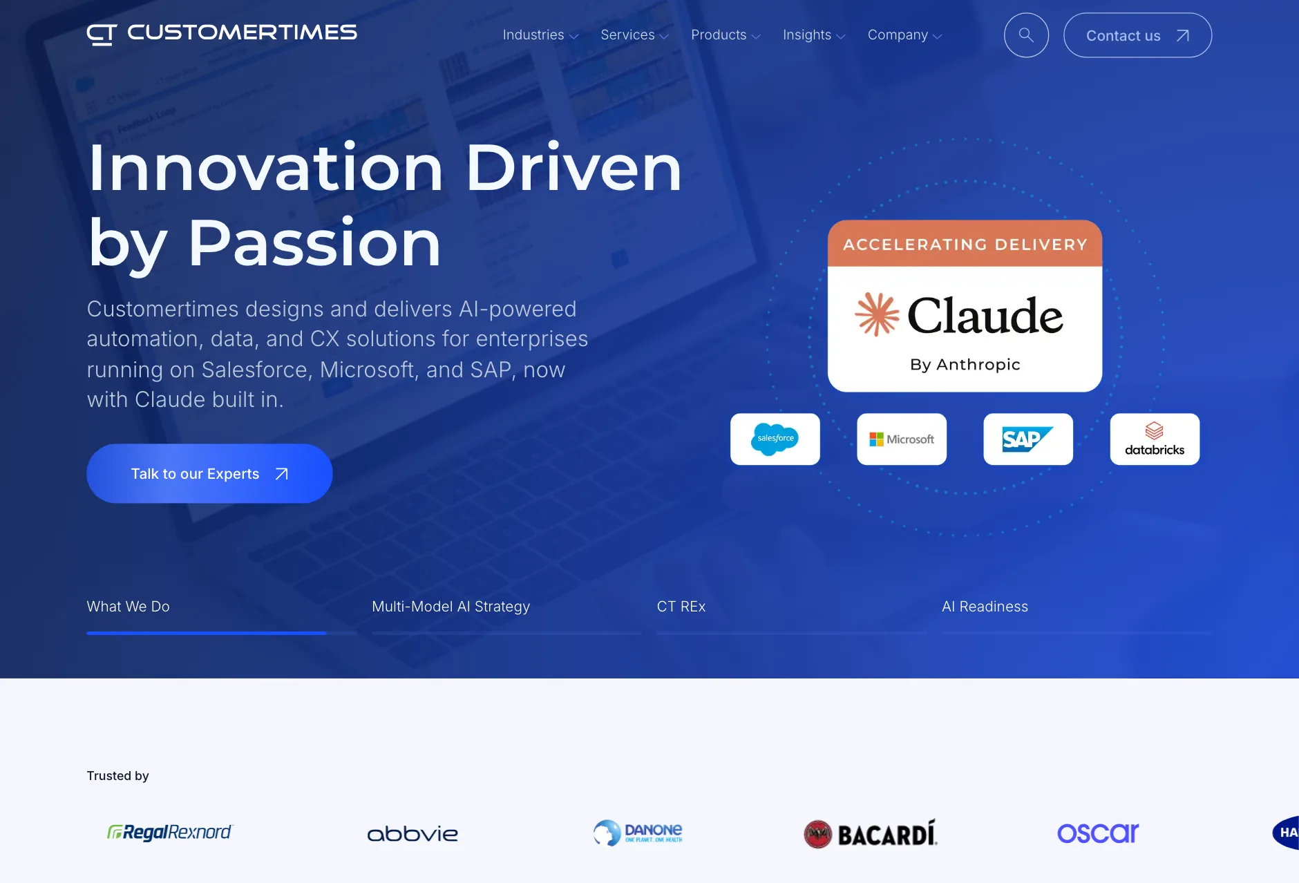 The new Customertimes homepage: Innovation Driven by Passion, on a blue background with partner badges