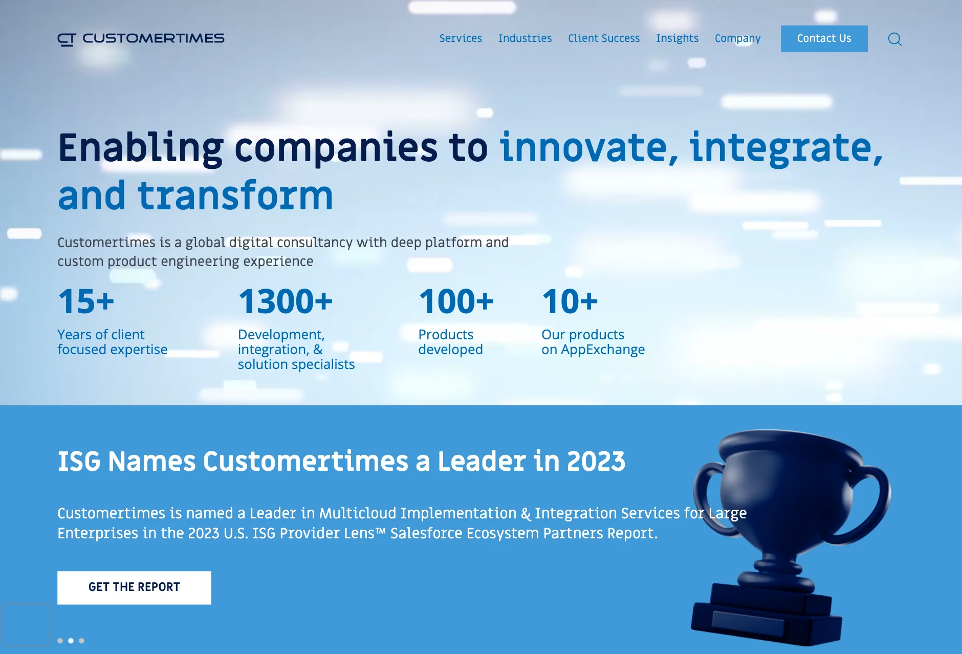 The old Customertimes homepage: Enabling companies to innovate, integrate, and transform, with four headline numbers, archived July 2024