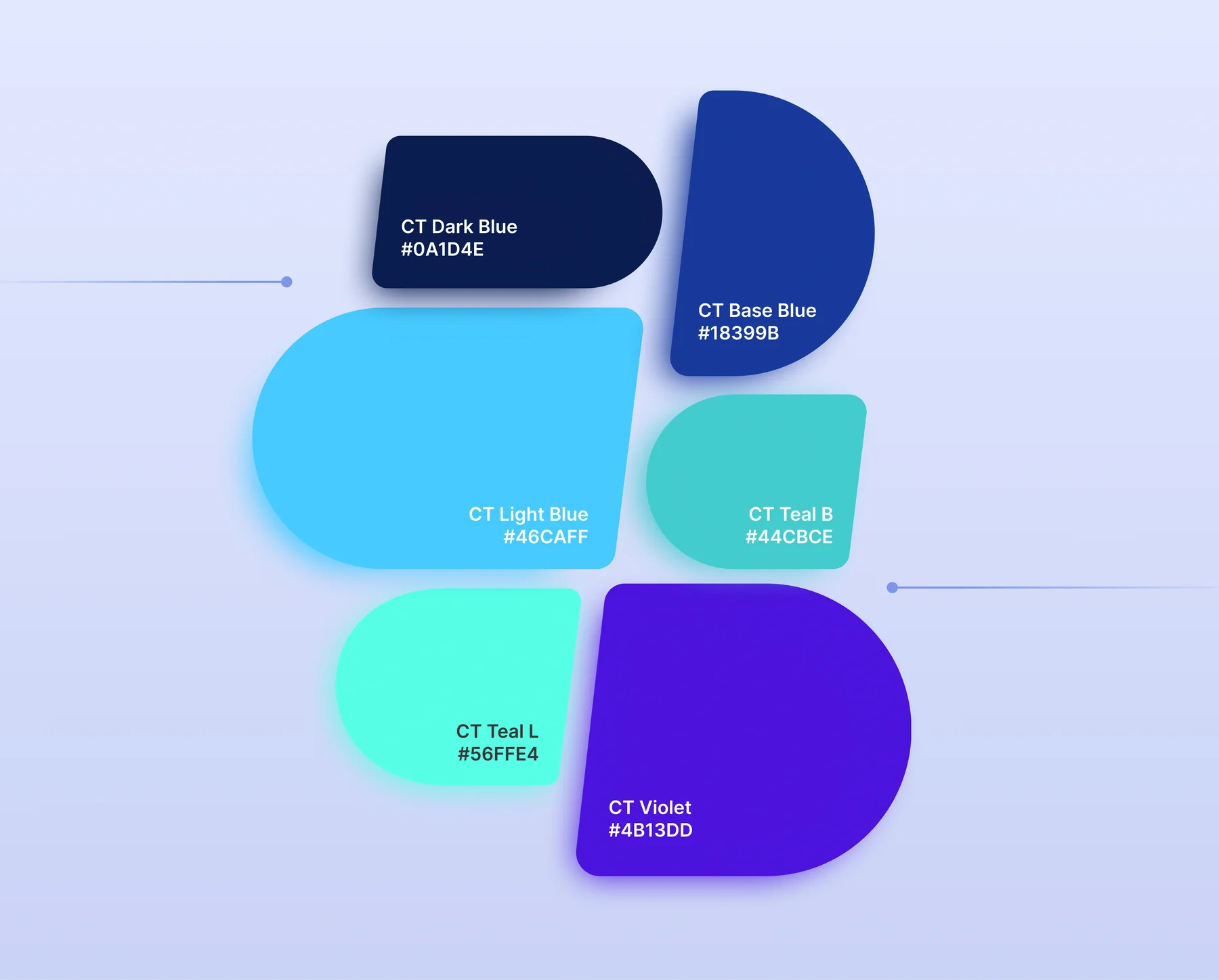 Simplified Customertimes colour palette: CT Dark Blue, Base Blue, Light Blue, Teal B, Teal L and Violet swatches with hex codes