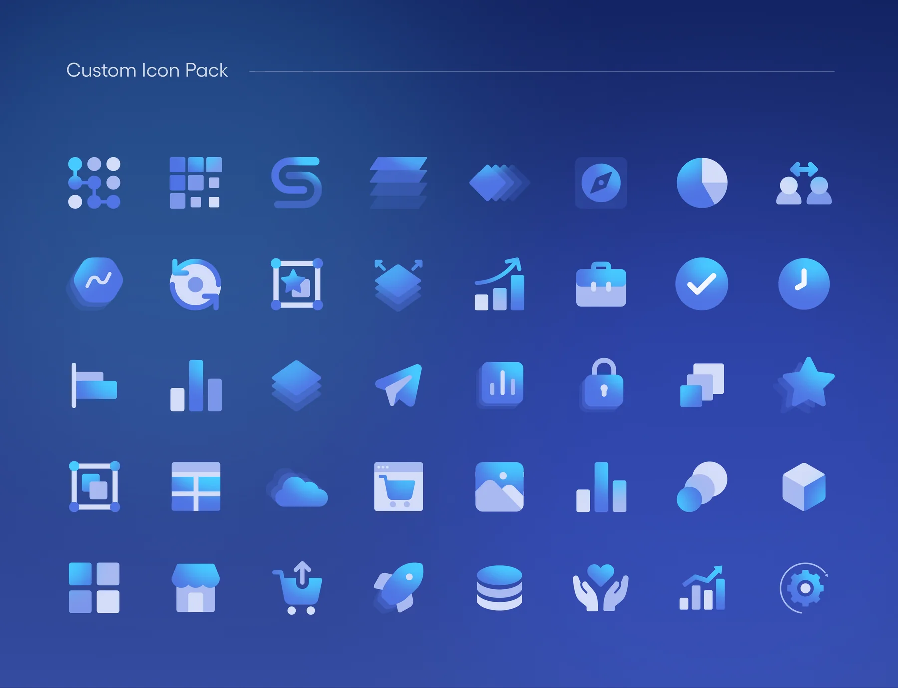 Custom icon pack designed for Customertimes: 40 blue gradient icons covering data, cloud, commerce, security, analytics and support