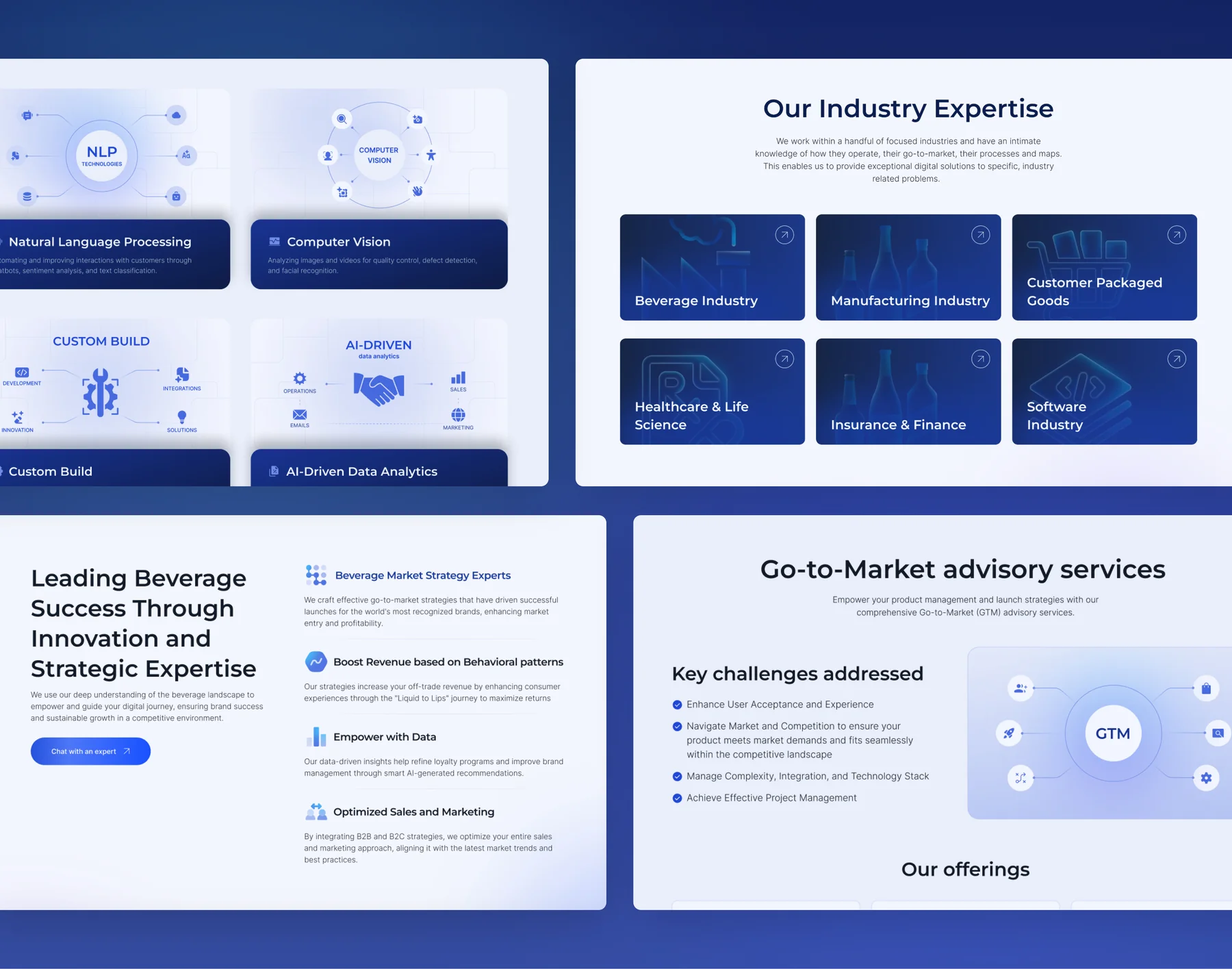Collection-driven Customertimes sections: illustrated AI service cards, the Our Industry Expertise grid, beverage features and GTM advisory