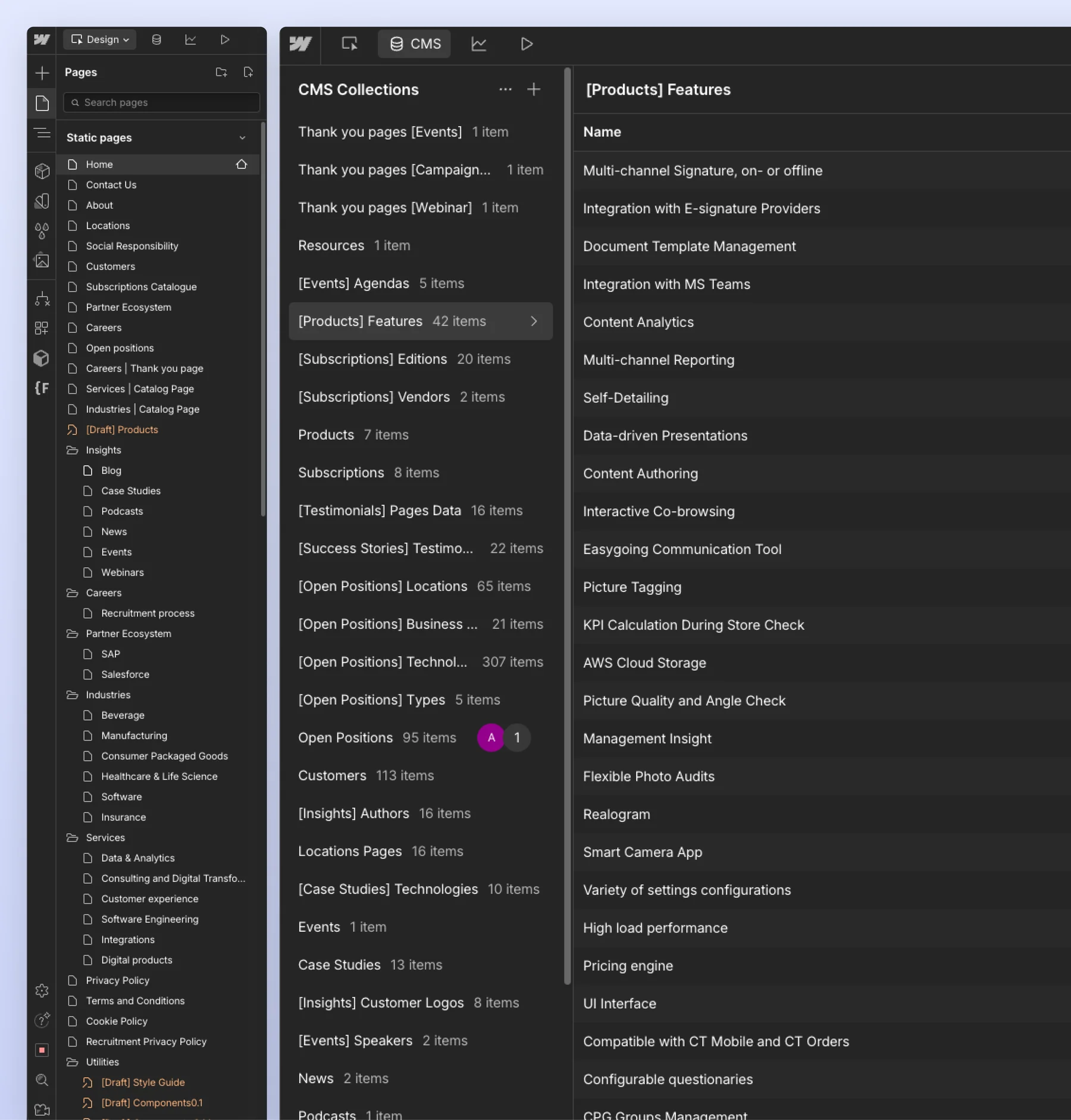 Customertimes in Webflow: the page tree beside the CMS Collections panel listing products, open positions, customers and case studies