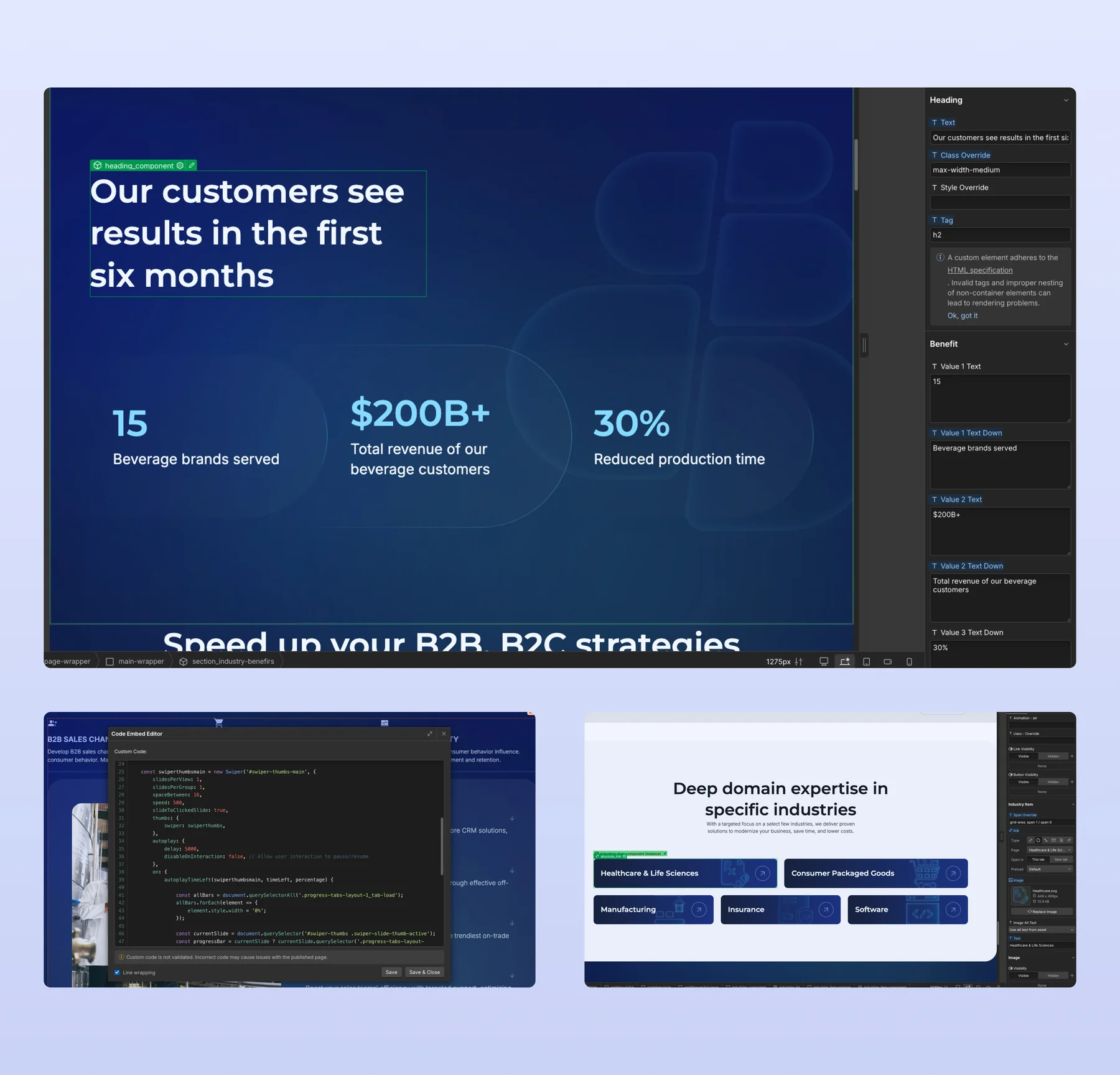 Customertimes components in the Webflow Designer: a results section with editable heading and benefit props, a Swiper script, and industry cards