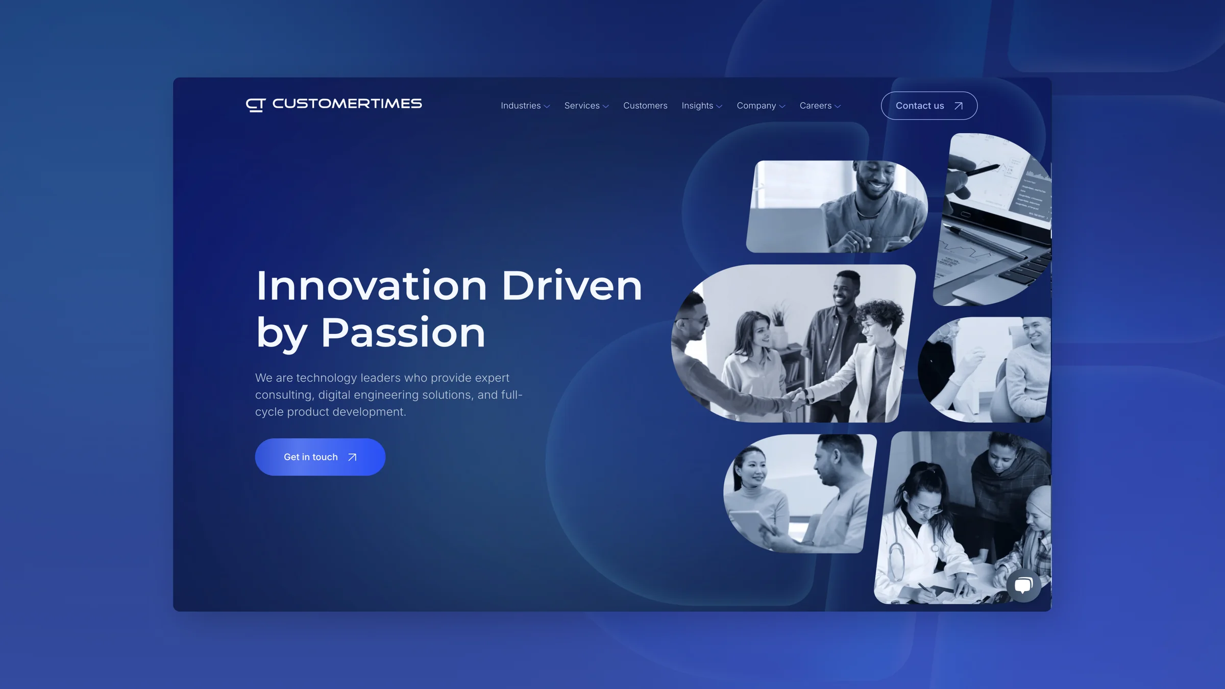 Customertimes homepage on Webflow: Innovation Driven by Passion hero with a Get in touch button and a collage of team photos on deep blue