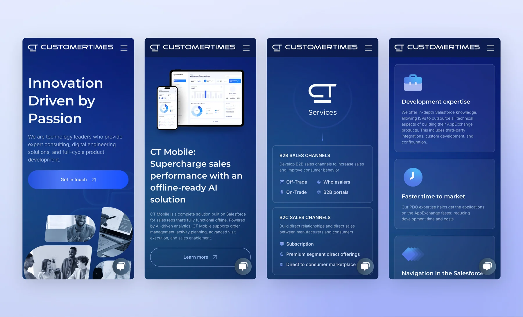 Four Customertimes mobile screens: homepage hero, CT Mobile product section, B2B and B2C sales channel services, and expertise cards