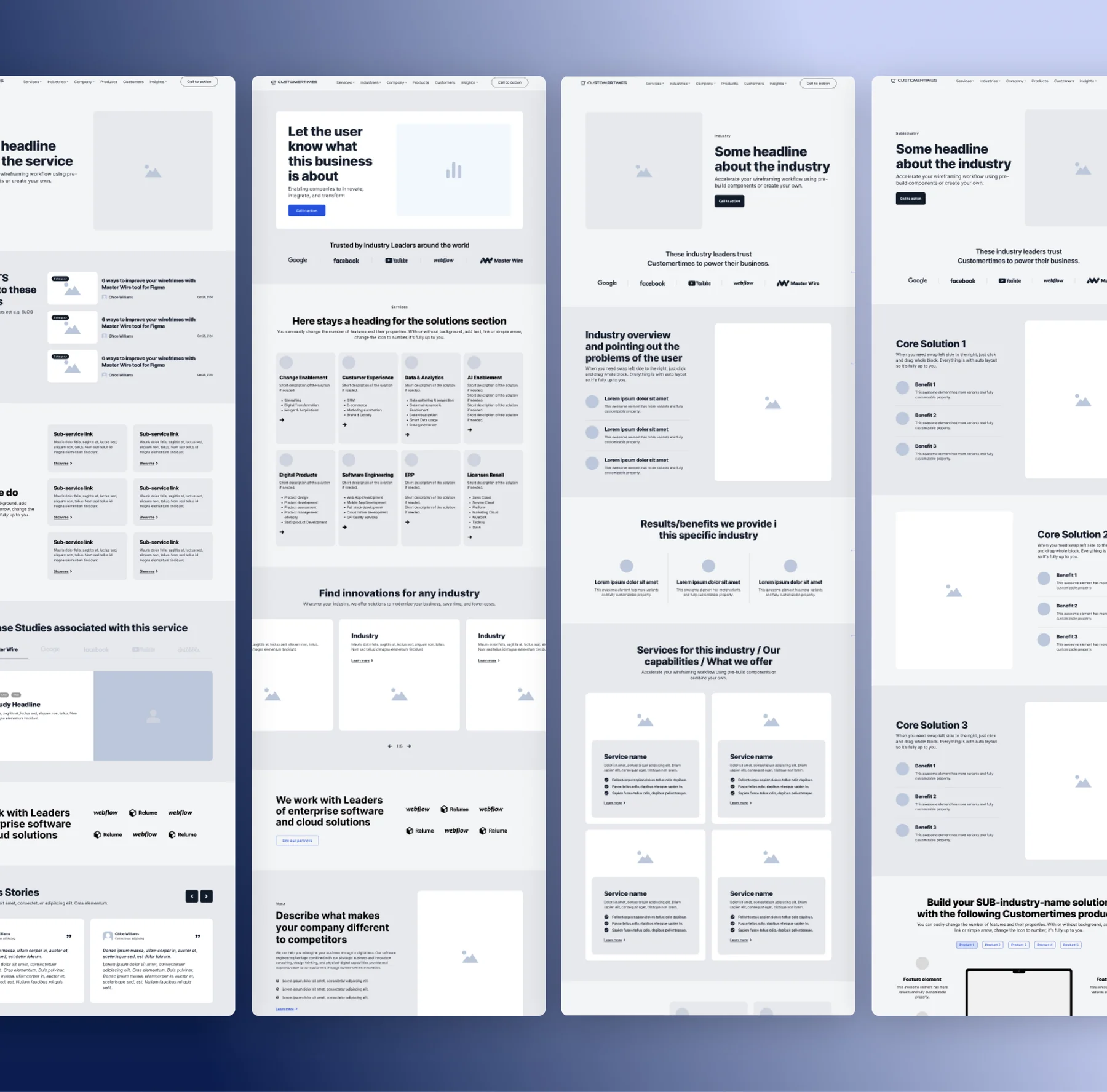 Customertimes wireframes for the homepage, a service page, an industry page and a sub-industry page, laid out in greyscale before visual design