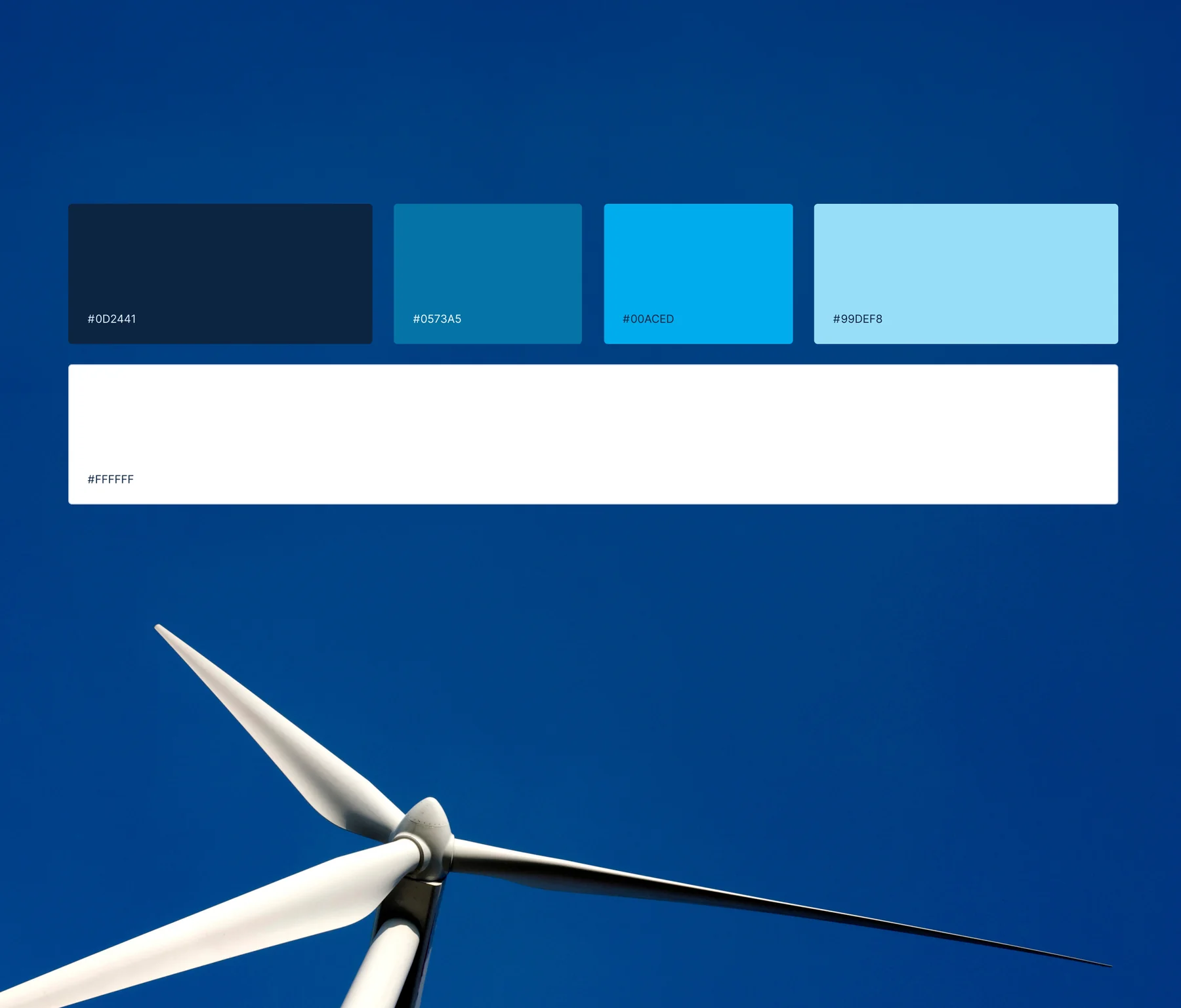 CWP Europe colour palette of navy #0D2441, blue #0573A5, bright blue #00ACED, light blue #99DEF8 and white above a wind turbine on a blue sky