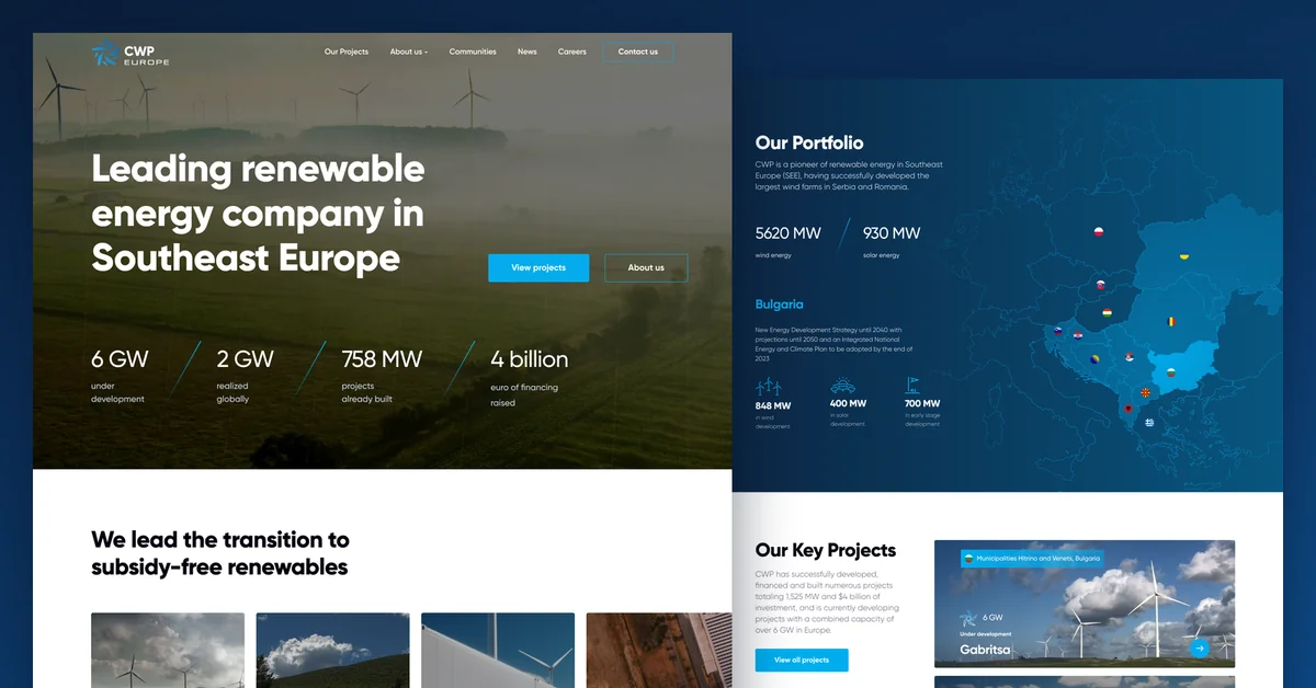 CWP Europe homepage design headlined Leading renewable energy company in Southeast Europe, beside the Our Portfolio country map and key project cards