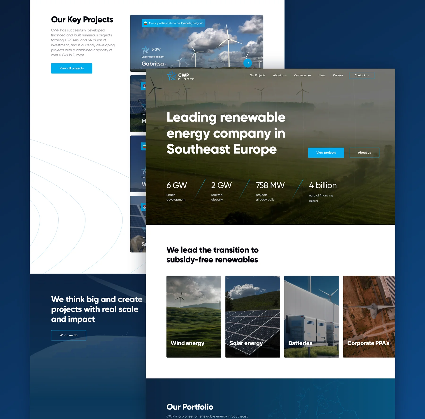 CWP Europe homepage design with a misty wind farm hero and headline stats, wind, solar, battery and corporate PPA cards, and the Our Key Projects list